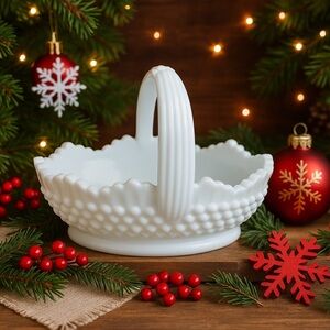 Vtg Fenton Basket Hobnail Milk Glass Oval Double Ribbed Handle Christmas Decor